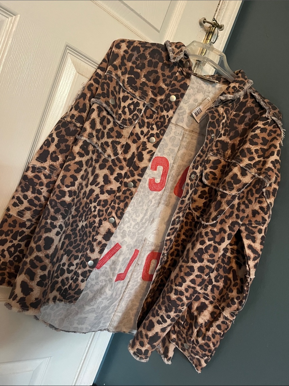 Leopard Print Oversized Jean Jacket with Red 'Rock & Roll' Appliqué - Brown - Picture 3 of 4